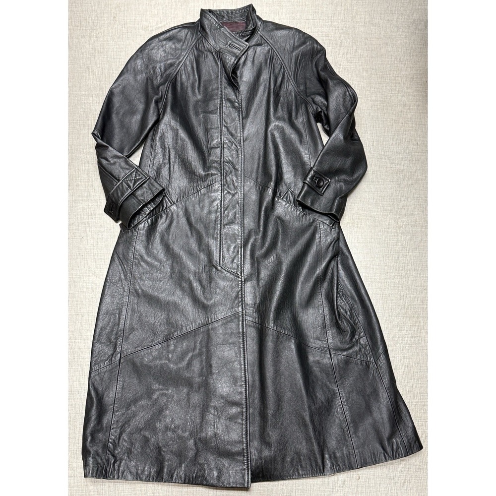 Vintage Black Leather Trench Coat Women Size L Good Longline Matrix Goth - Picture 2 of 10